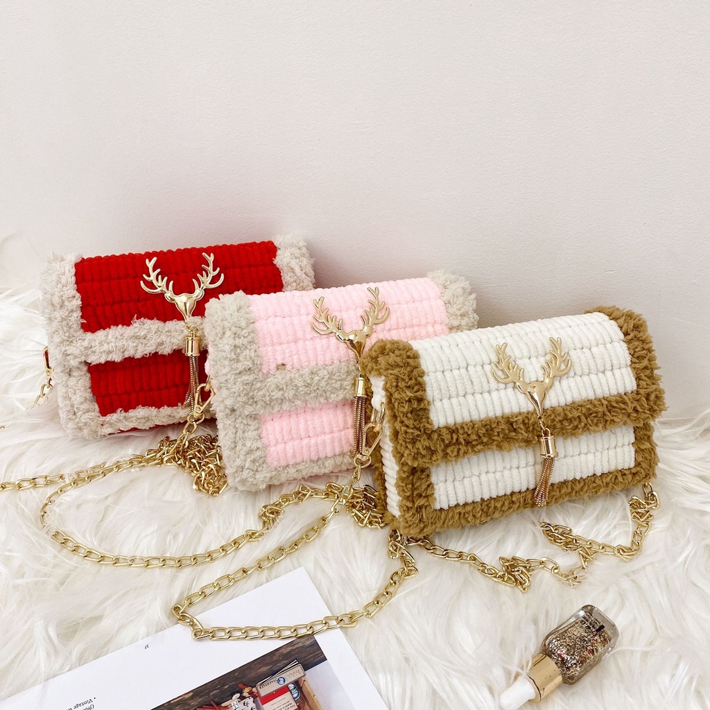 Túi len tự đan phối màu, túi đeo chéo thời trang Hàn Quốc - Bộ phụ kiện đầy đủ LX103