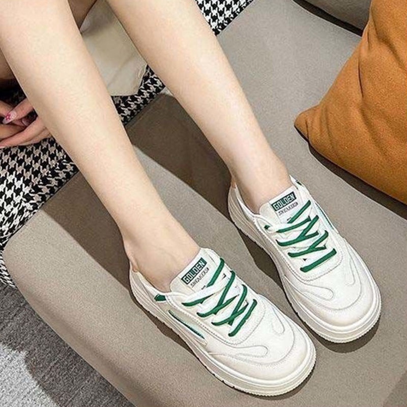 Giày Thể Thao Da Mềm Đế Dày Mũi Tròn Phối Màu Tương Phản Phong Cách Hàn Quốc Cho Nữ