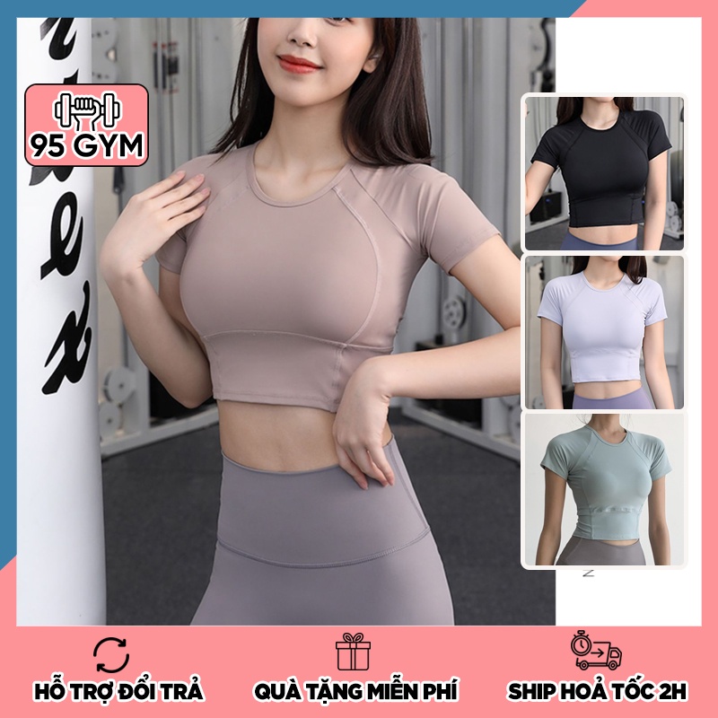 Áo tập gym yoga nữ 95Gym AC27 dáng croptop cộc tay chất thun lạnh mềm mịn co giãn tốt thoáng mát