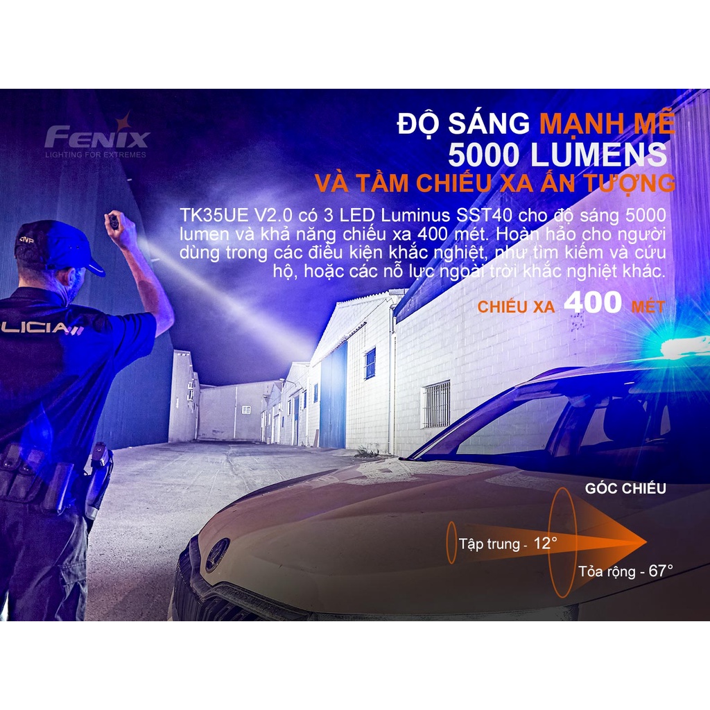 Đèn pin FENIX TK35UE V2.0 độ sáng 5000 lumen chiếu xa 400m 3 LED sử dụng 2 pin sạc 18650