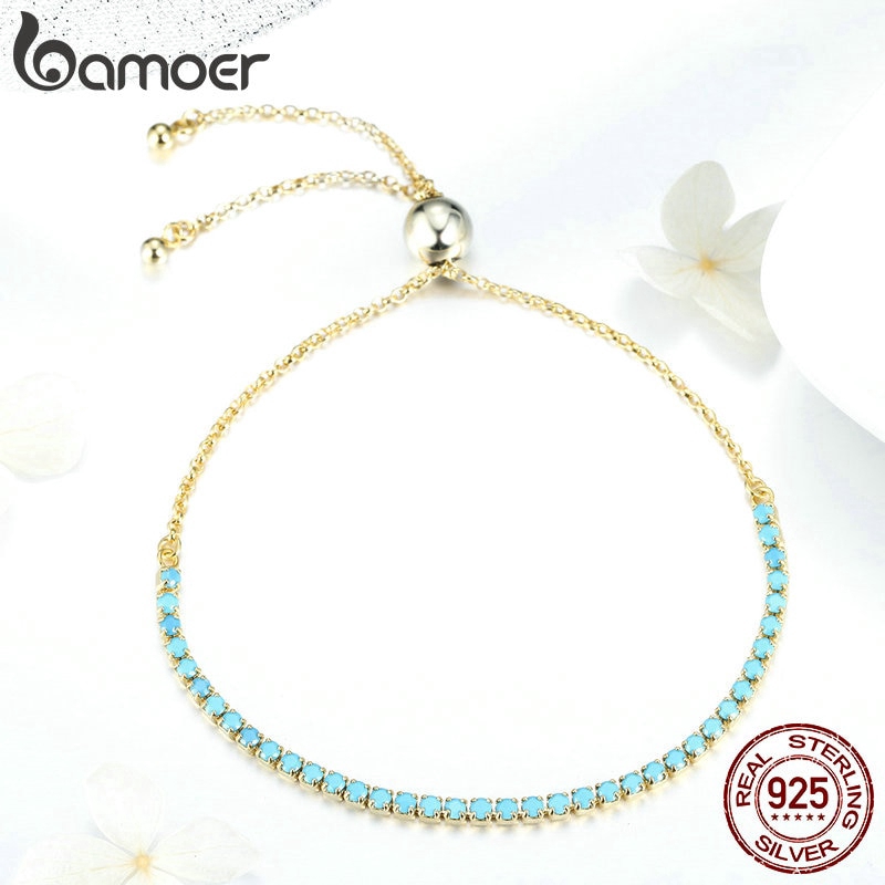 Vòng Tay Bamoer Dạng Chuỗi Xích Làm Bằng Bạc Đính Đá Ngọc Lam Mạ Vàng Thời Trang