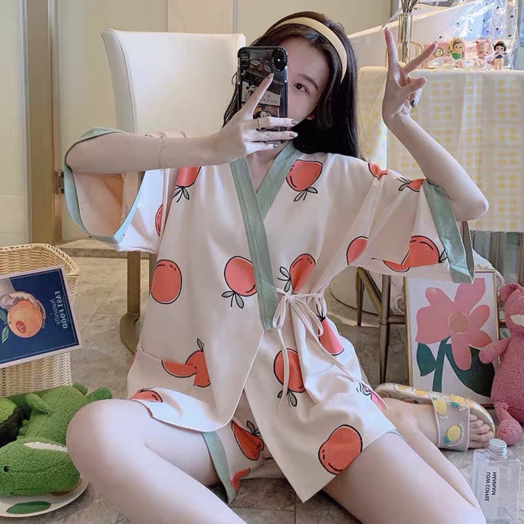 Bộ Pijama Nữ Dây Eo Cộc Tay Icon 🦋 Set Ngủ Mặc Nhà Ngắn Tay Nhiều Màu 🦋 Bộ đồ Kimono Kẻ Emo Nam nữ - Yukata quả đào