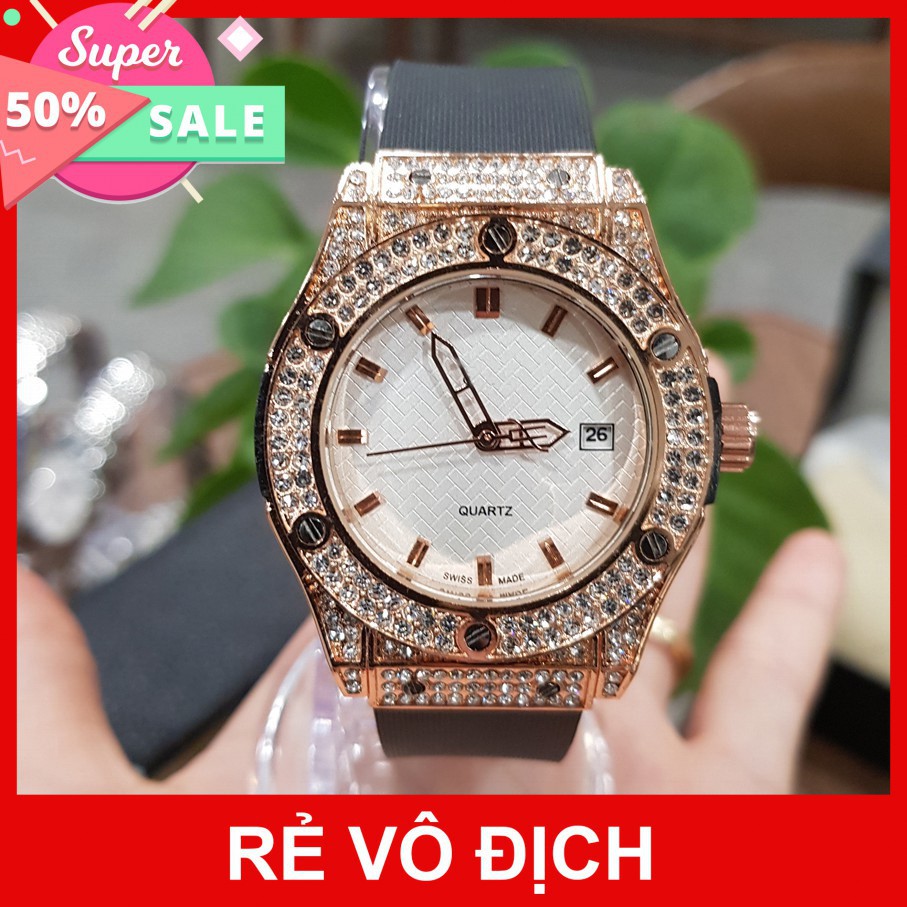 Đồng Hồ Nữ Hulo Dây Cao Su Đính Đá Màu Trắng, Vàng Hồng, chống nước, chống xước tuyệt đối HL0289 - Sendo90