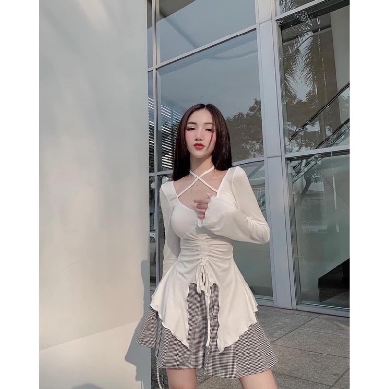 Áo kiểu nữ tay dài cánh bươm dây chéo cô