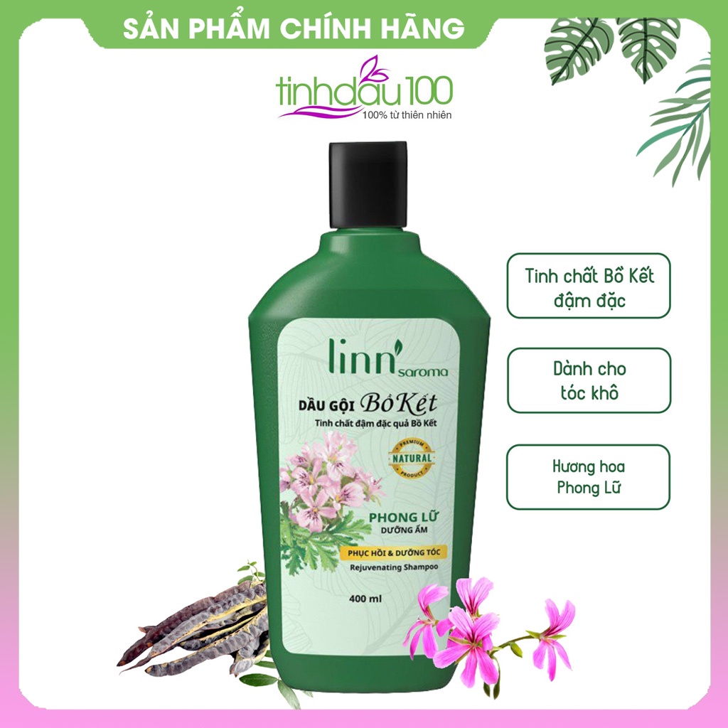 Dầu gội Bồ kết Linn Saroma với tinh dầu Bạc hà, Oải hương cho tóc thường, dầu, khô, gàu chai 400ml Tinh Dầu 100 Shop