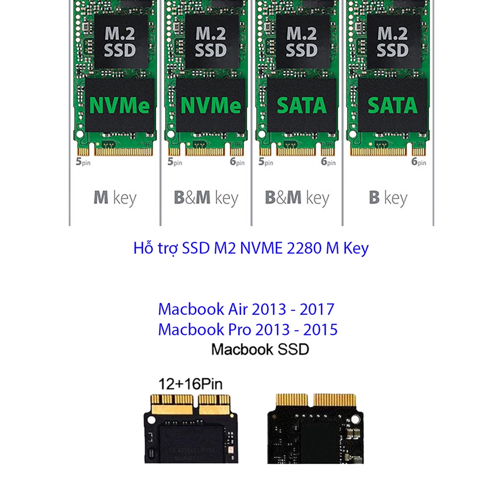 Adapter SSD M2 NVME M@c-b00k  Air A1465 A1466 Pro A1398 A1502 đời 2013 đến 2017