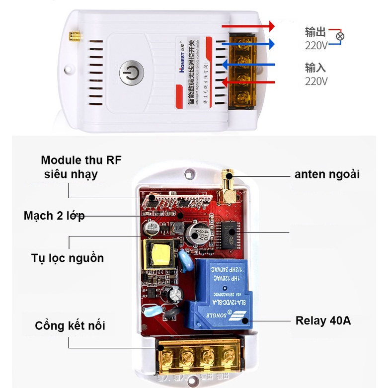 Công tắc điều khiển từ xa RF 40A/220V Honest 9220KG  Bật Tắt Máy bơm 1Km Mẫu mới 2021 thay thế 6220KD, RF315 Mhz