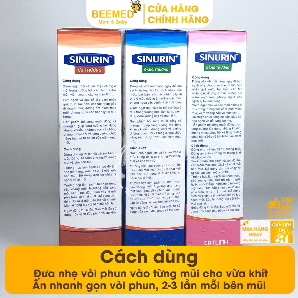 Xịt nước muối biển Sinurin của Dược Cát Linh từ muối ưu trương, đẳng trương, cho bé từ 3 tháng và người lớn Lọ 120ml