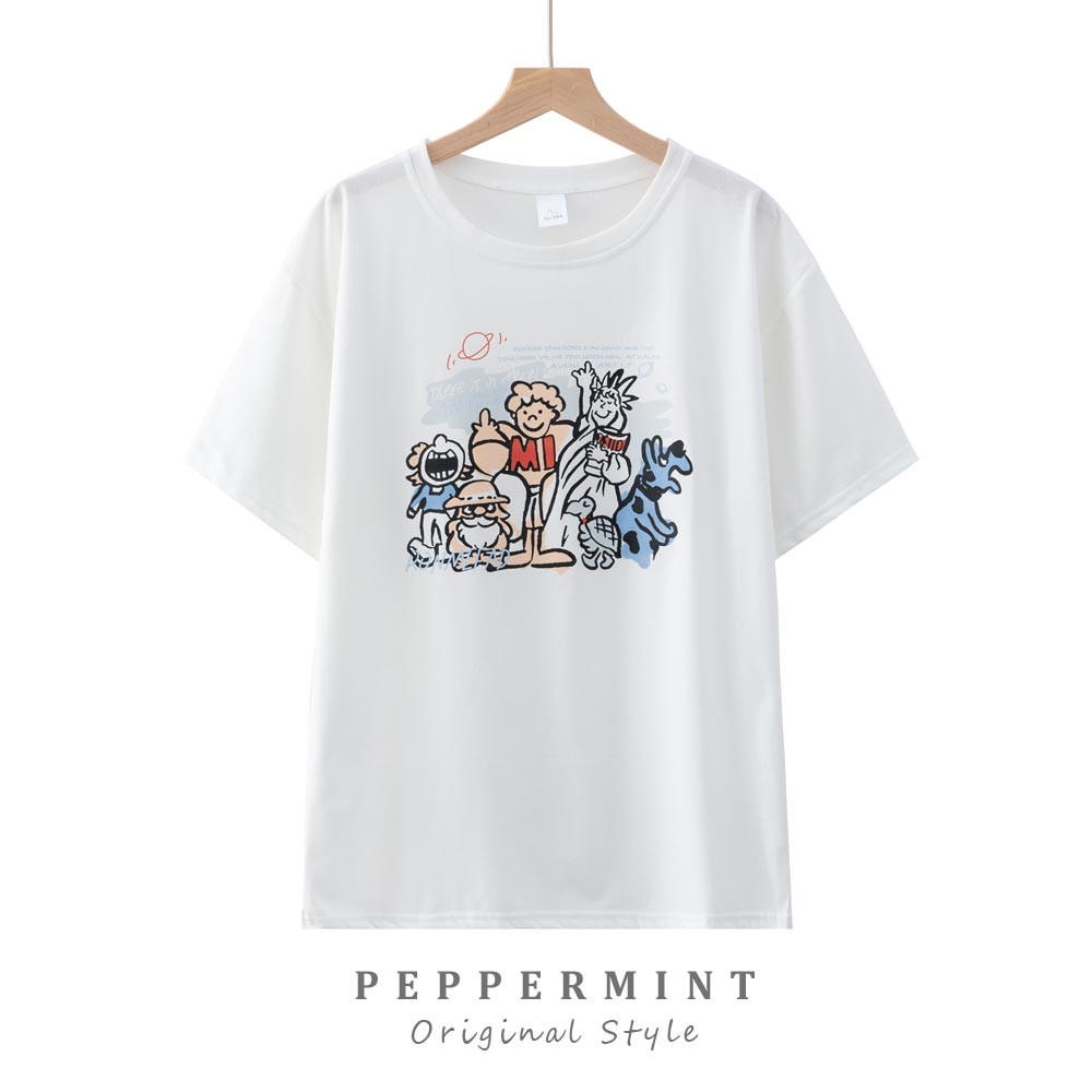 Áo thun peppermint chất liệu cotton nguyên chất tay ngắn in họa tiết hoạt hình dễ thương thời trang cho nữ 49708 
