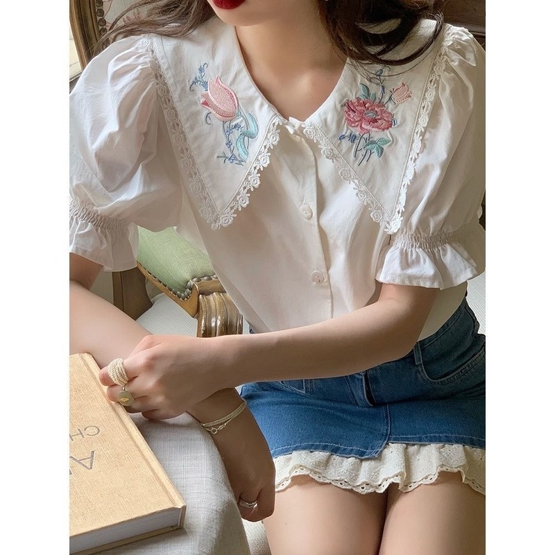 Áo Sơ Mi Tay Ngắn Phồng Cổ Búp Bê Thêu Họa Tiết Phong Cách Retro Pháp Thời Trang Cho Nữ