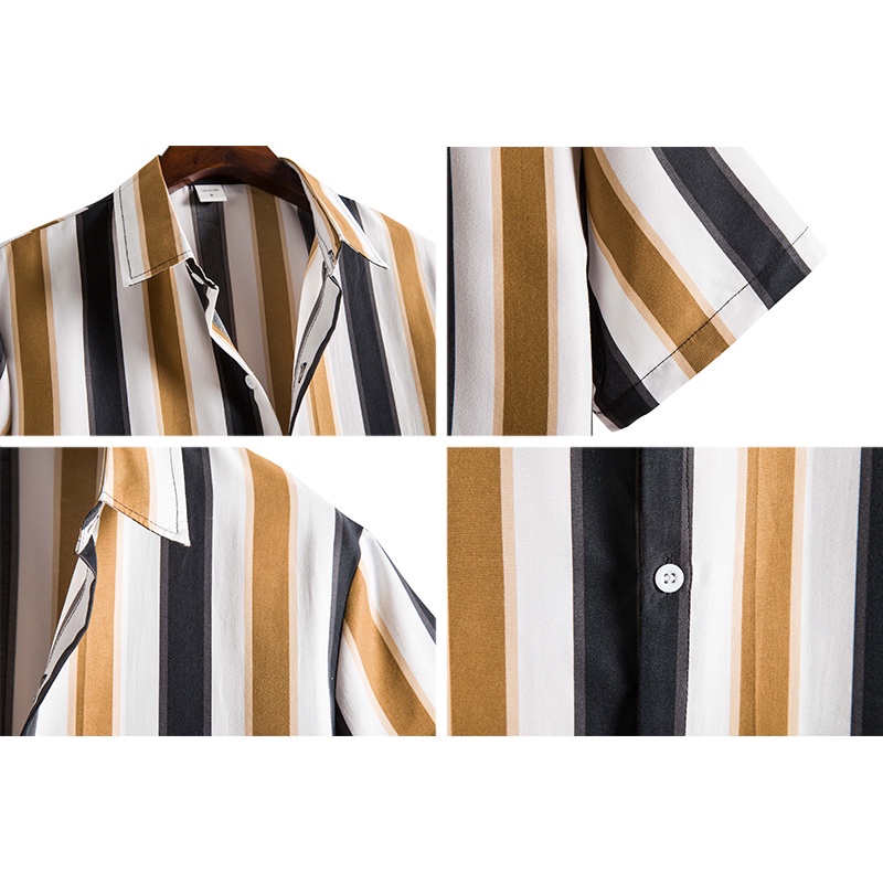 Áo Sơ Mi Nam Ngắn Tay Cổ Bẻ Dáng Rộng Họa Tiết Sọc Dọc Màu Tương Phản Plus Size Đen / Đỏ / Nâu / Xanh Lá / Xanh Dương