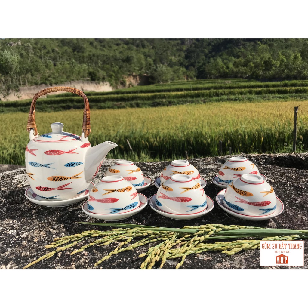 Bộ Ấm trà Sứ Bát Tràng vẽ tay CÁ 3 MÀU ⚡DUNG TÍCH 520ml⚡