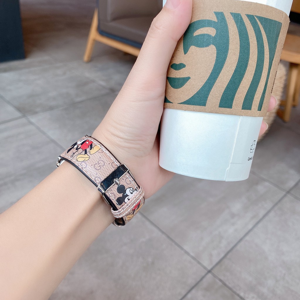 Dây da họa tiết chuột mickey thích hợp cho đồng hồ apple 44mm 42mm 38mm 40mm t500 iwatch series 6 se 2 3 4 5