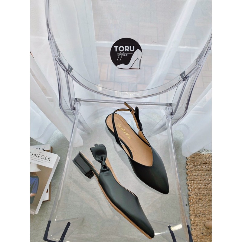 Giày nữ đế bệt nơ xinh xắn bít mũi tim cao 2cm dáng slingback khuyết eo thời trang tinh tế thanh lịch