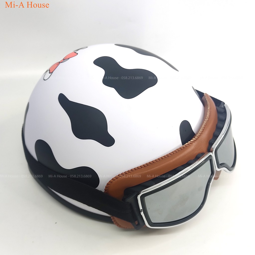 Mũ bảo hiểm bò sữa nửa đầu kèm kính xinh xắn, free size - màu trắng đen