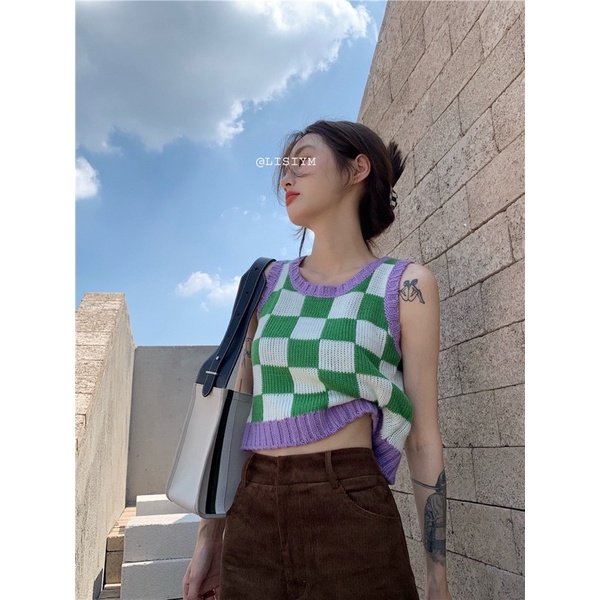 (Có sẵn) Áo Gile Croptop Kẻ Caro Phong Cách Năng Động | BigBuy360 - bigbuy360.vn