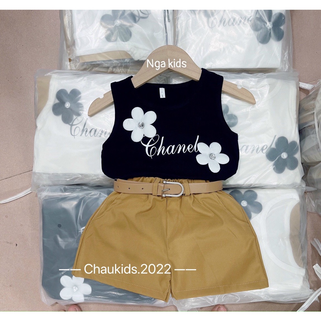 Set ba lỗ đính hoa quần nâu kèm đai bé gái