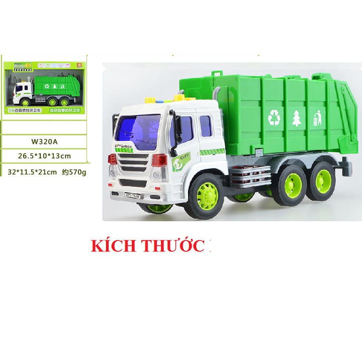 Ô tô chở rác màu xanh cỡ trung đồ chơi trẻ em xe chạy đà có âm thanh và đèn