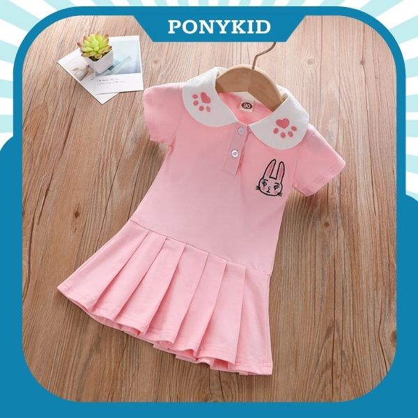 Váy ngắn tay có cổ chất cotton thêu hình thỏ con cho bé gái từ 2 tới 6 tuổi