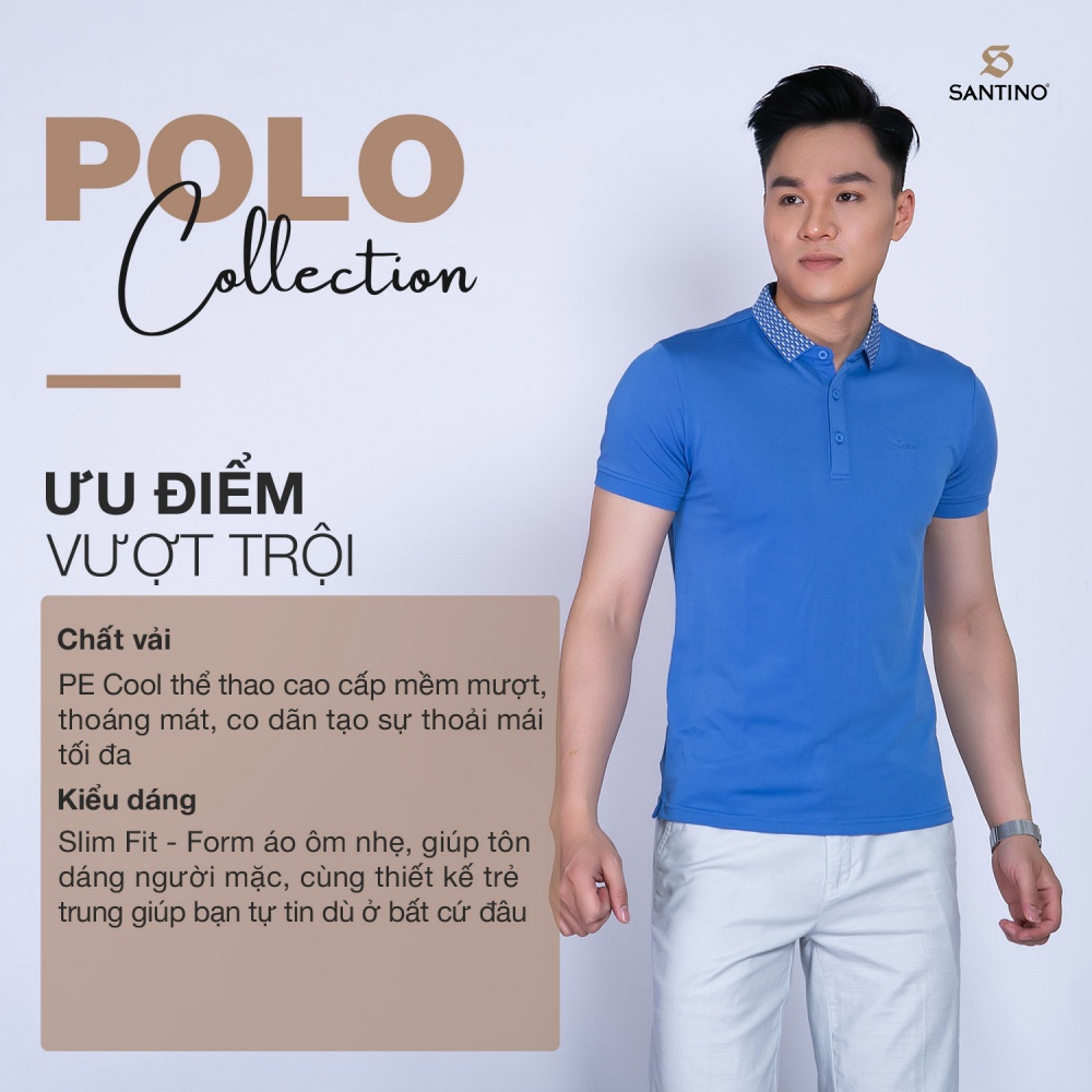 Áo Polo Nam Cá Sấu Santino Form Chuẩn, Màu Xanh Phối  Bo Cổ Co Giãn Thoải Mái Trẻ Trung Chống Nhăn E004