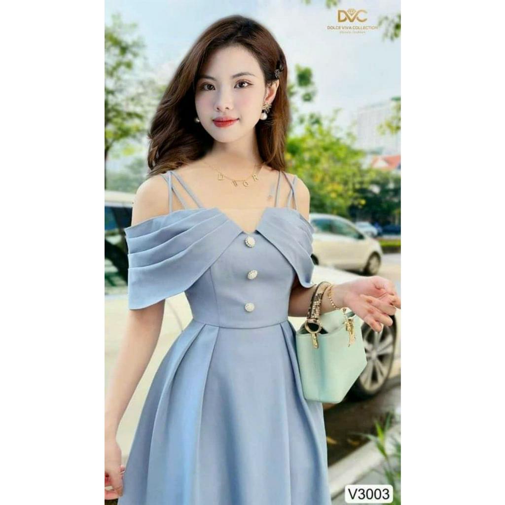 Đầm váy nữ 2 dây trễn vai phối lưới kim sa đính nút trẻ trung dáng xòe thanh lịch quý phái xinh xắn dự tiệc