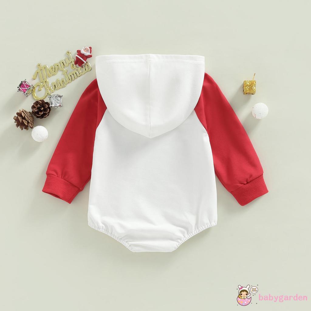 BABYGARDEN-Infant Baby Christmas Romper, Long Sleeve Letter Print Patchwork Hooded Bodysuit