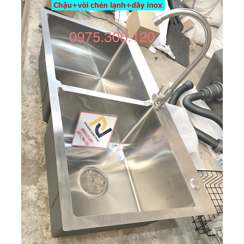[CHẬU ĐÚC} Chậu Rửa Chén Bát INOX SUS 304 N5 8245 NA.GRAND và xả chậu và Vòi chén lạnh và dây inox