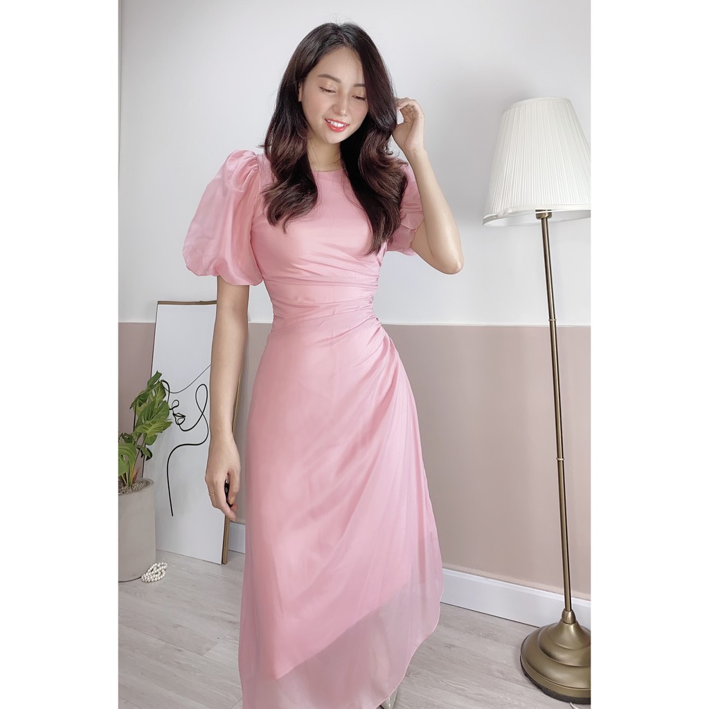 Đầm Công sở cổ thuyền tay búp, nhẹ nhàng, cổ kính, xòe nhẹ, tay lở, trắng, hồng, dài qua gối, maxi | BigBuy360 - bigbuy360.vn