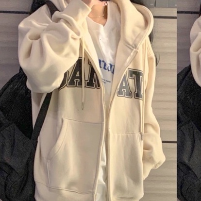 ZHELIHANGFEI Áo len trùm đầu khóa kéo dài tay áo T - kiểu dáng trường đại học áo sơ mi lỏng lẻo - phù hợp