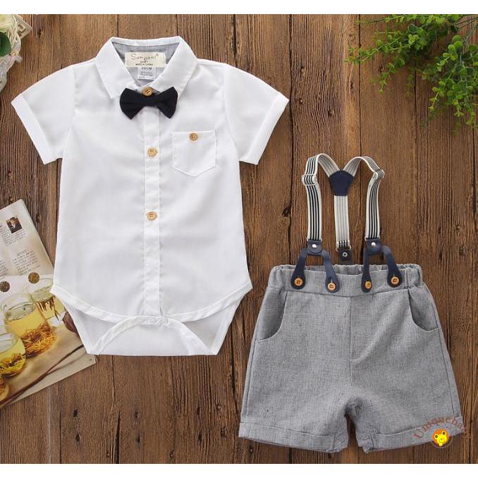 Bộ gồm áo sơ mi liền quần ngắn tay cổ bẻ và quần yếm đáng yêu cho bé trai