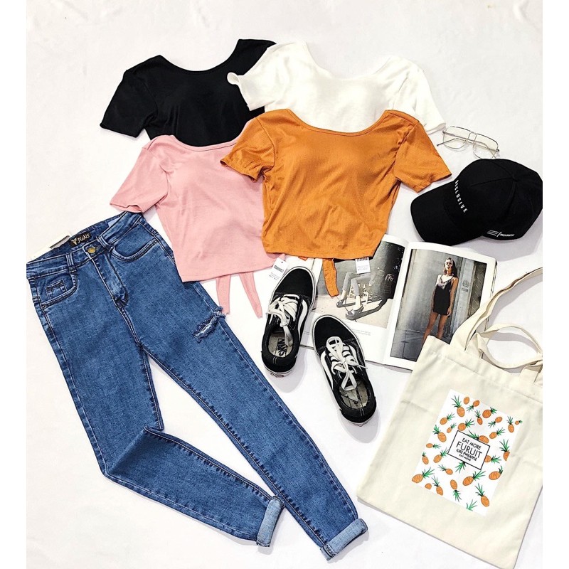 Áo kiểu nơ lưng thun gân kèm sẵn mút ngực | BigBuy360 - bigbuy360.vn