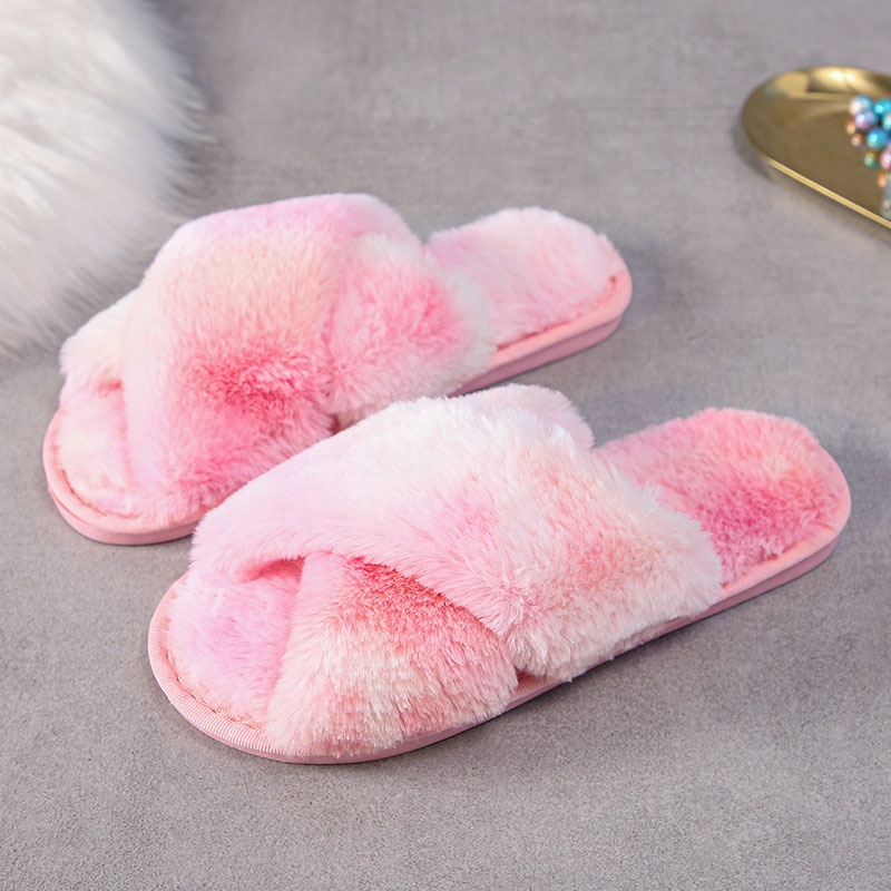 Dép bông cotton RENBEN quai chéo màu cầu vồng thời trang thu đông Hàn Quốc mới