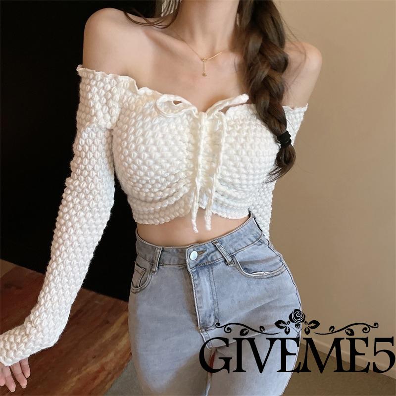 Áo croptop tay dài trễ vai màu sắc trẻ trung cho nữ