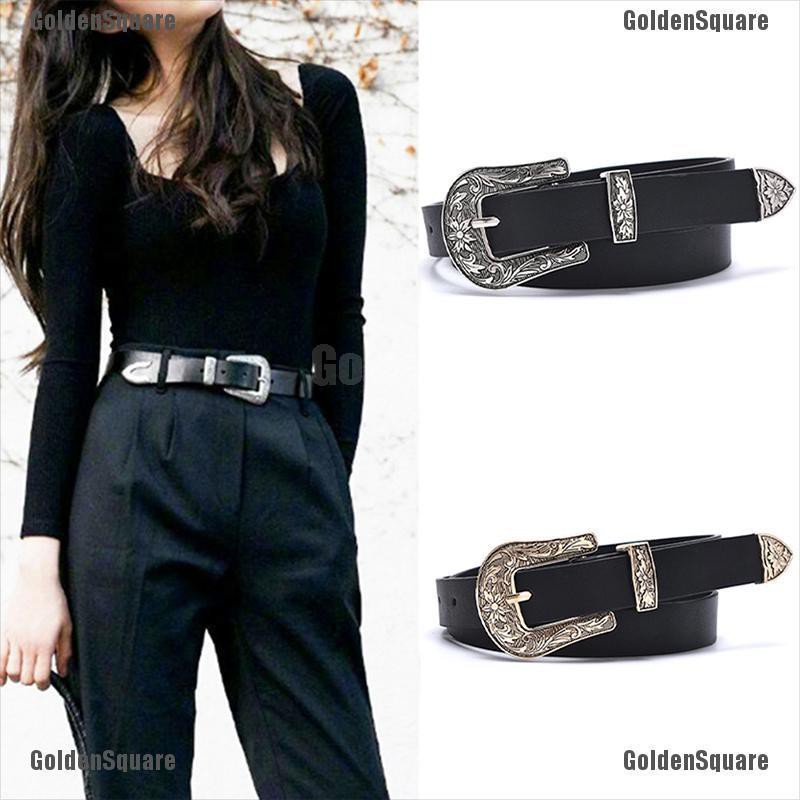 Thắt Lưng Da Màu Đen Khóa Kim Loại Khắc Hình Trái Tim Phong Cách Vintage