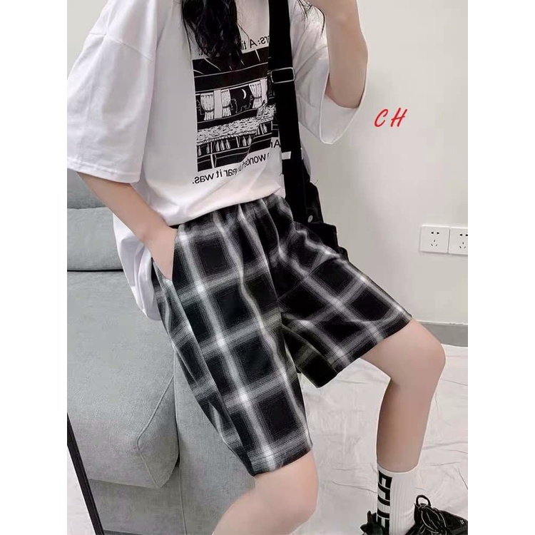 sét áo thun nam nữ in truyện tranh + quần đùi kẻ caro CH04