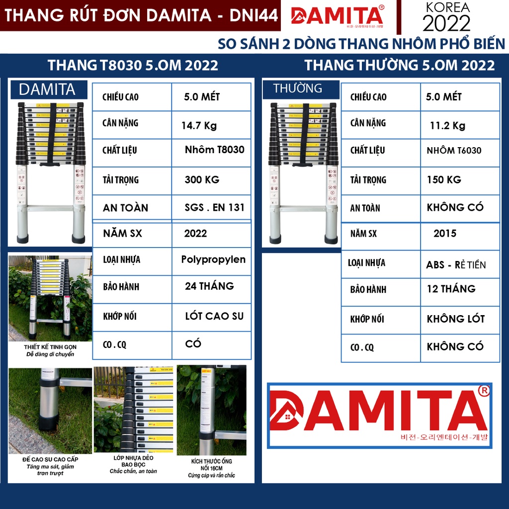 THANG NHÔM RÚT ĐƠN 5.0m Nhôm T8030  DAMITA HÀN QUỐC 2022 cao cấp hàng nhập khẩu bảo hành 24 tháng