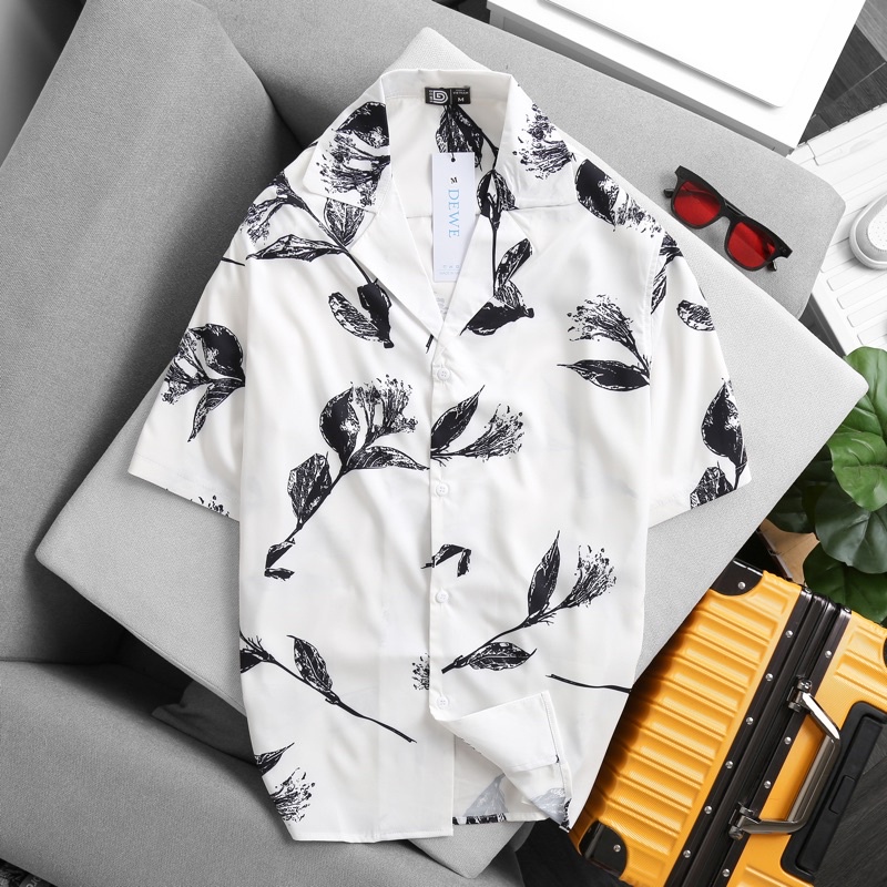 Áo sơ mi nam ngắn tay DEWE, vải lụa nhập khẩu chống nhăn thoáng mát, họa tiết Lá Đen - DEWE Cuban Shirt | BigBuy360 - bigbuy360.vn