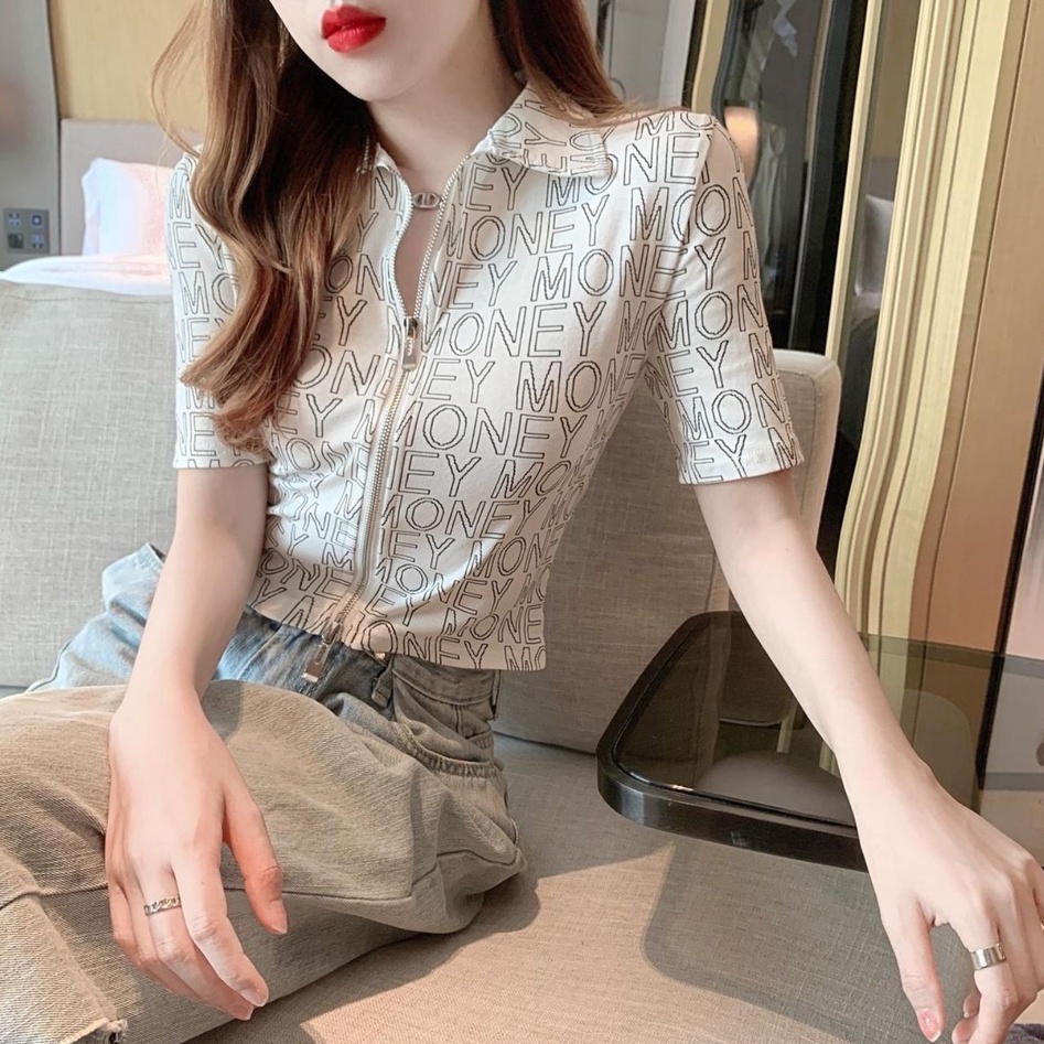 Áo POLO Dệt Kim Tay Ngắn Phối Khóa Kéo Lưng Cao Cá Tính