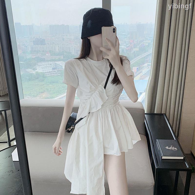 Đầm Trắng Phối Bèo Thiết Kế Lệch Tà Xinh Xắn Cho Nữ