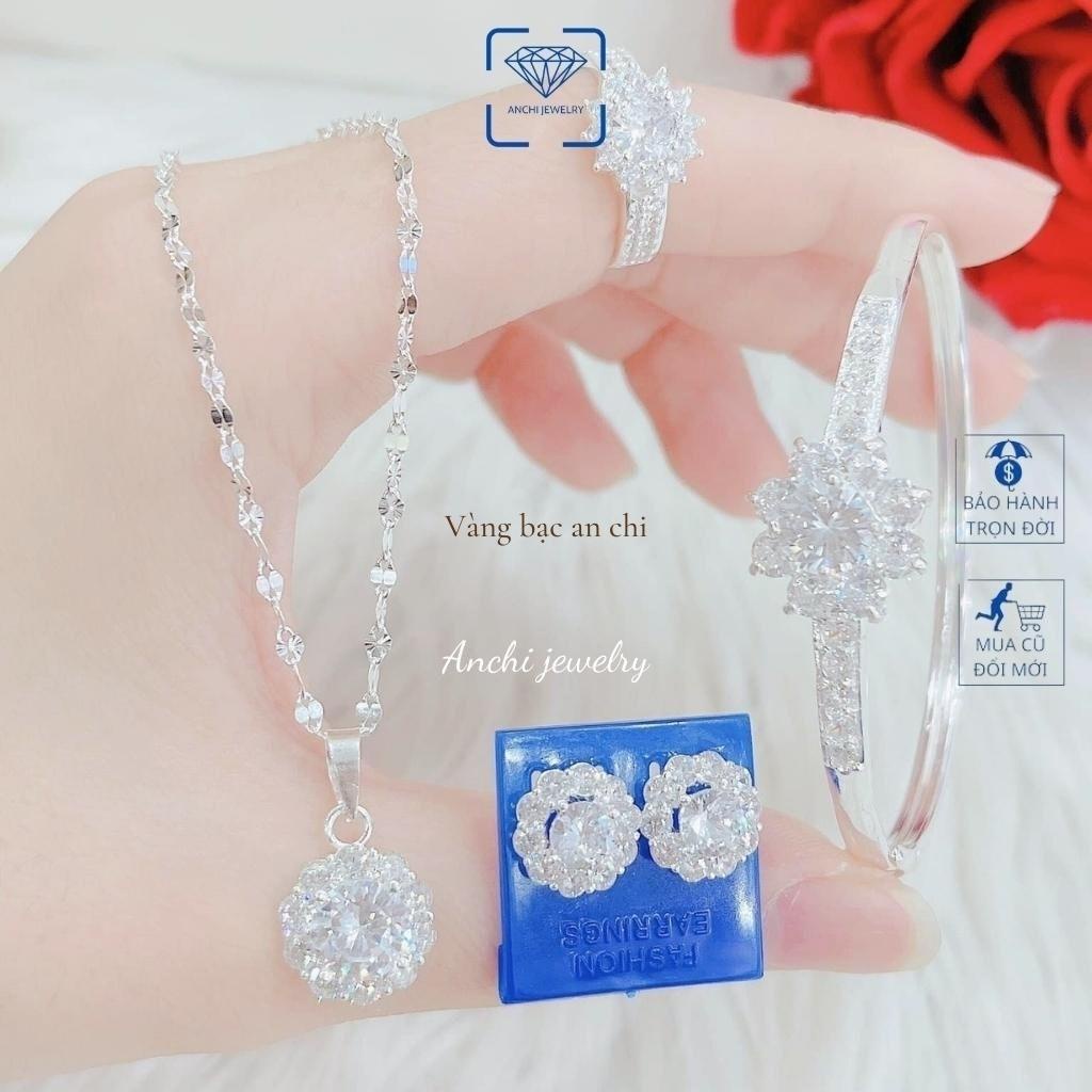 Bộ trang sức nữ bạc ý 925 đính đá hình hoa tuyết gồm: Dây chuyền - Lắc tay - Nhẫn và Bông tai. Anchi jewelry.
