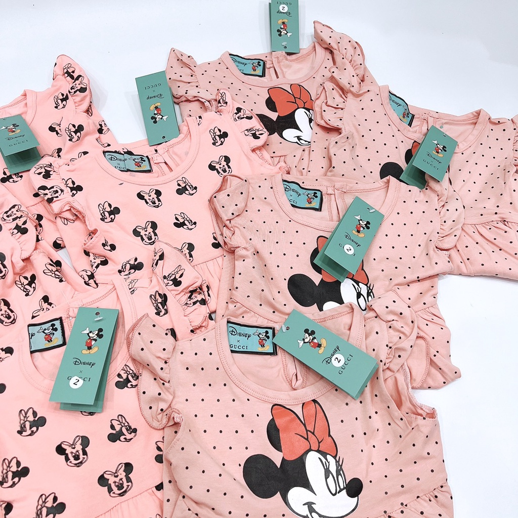 Sét 2 váy cotton hồng chấm bi- hồng micky cho bé gái