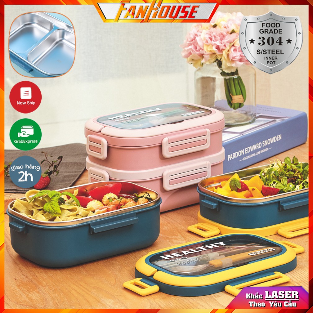 Hộp cơm giữ nhiệt INOX304 Tặng muỗng thìa cao cấp và bộ cọ Lunch Box 850ml an toàn sức khỏe sử dụng được lò vi sóng