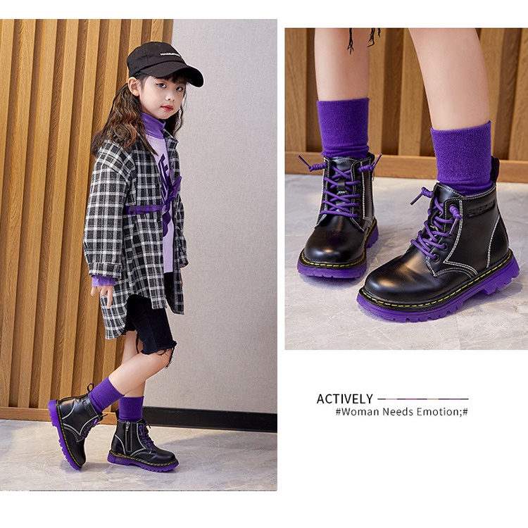 Boot trẻ em bé gái bé trai da mềm bóng đế êm nhẹ màu Đen size 27-37 cho bé 3-18 Tuổi Bốt thời trang phong cách 2022
