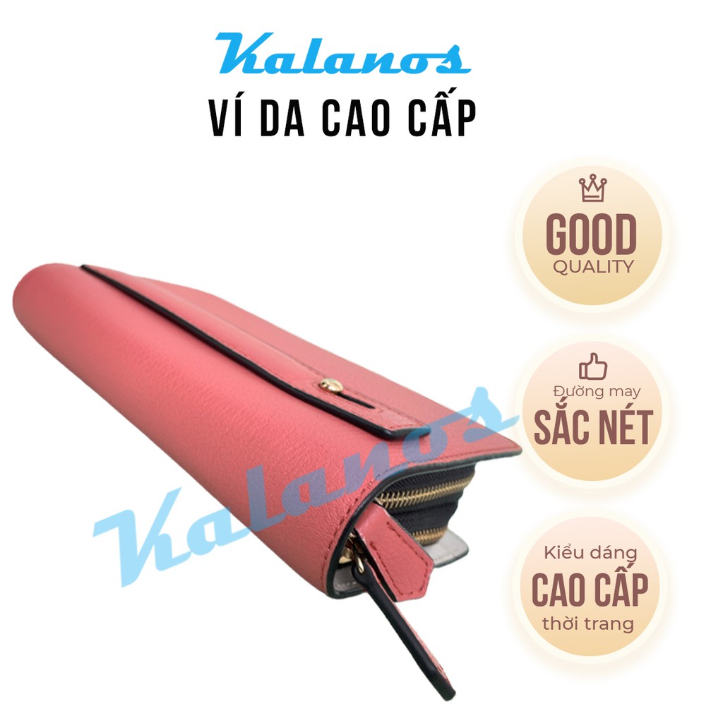 Bóp Ví dài cầm tay da bò cao cấp Kalanos KBN1020-Hong, Clutch cầm tay, ví dài da bò nữ đẹp cao cấp 2 khóa kéo màu hồng