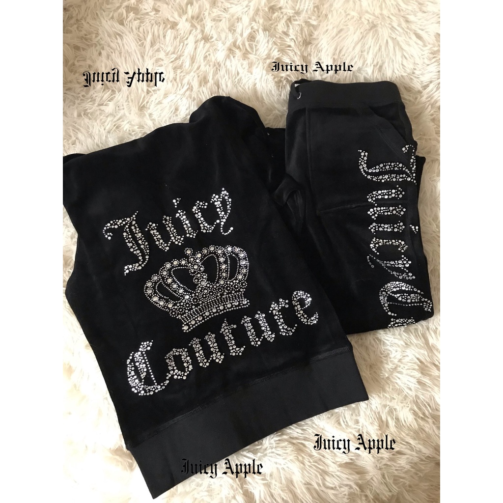 Bộ Đồ Thể Thao Hai Mảnh Áo Nhung Và Quần May Đính Đá Cho Nữ Juicy Apple Y2k Met