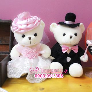 Gấu bông cặp cô dâu chú rể hồng tặng túi gói quà