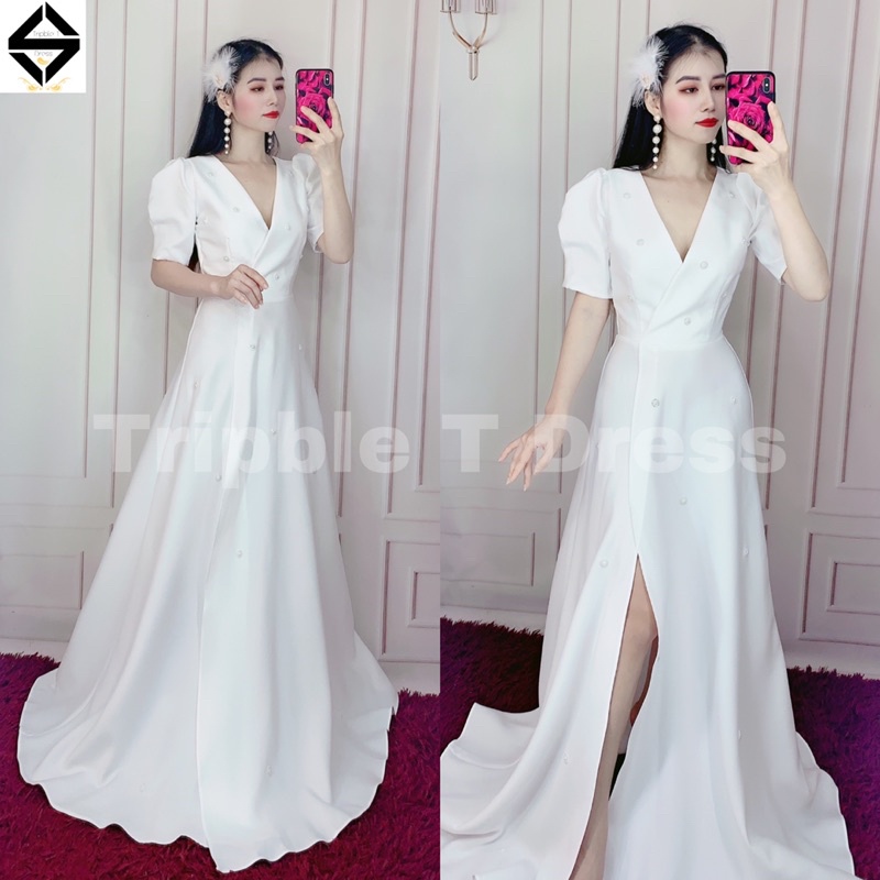 Đầm maxi mặc cưới xẻ đùi tay ngắn phồng kết hoa đá toàn thân váy TRIPBLE T DRESS - MS279Y