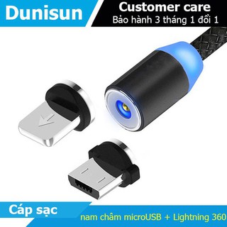 Cáp sạc từ hít nam châm 3 đầu android và iphone 360 độ dây dù,có led - hot