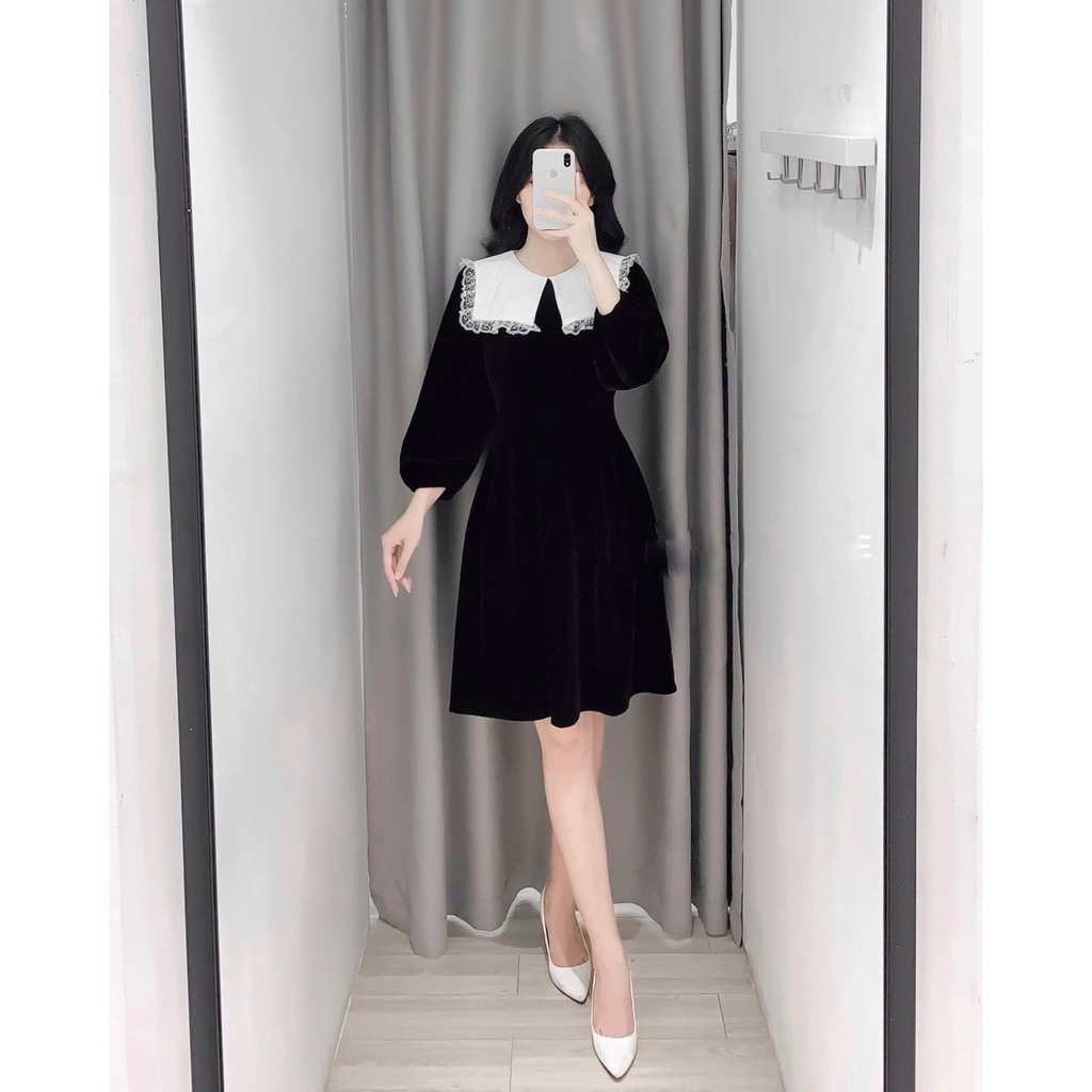 [Mã FAGREEN1505 giảm 10% tối đa 30K đơn 99K] Váy nhung cổ phối ren | BigBuy360 - bigbuy360.vn