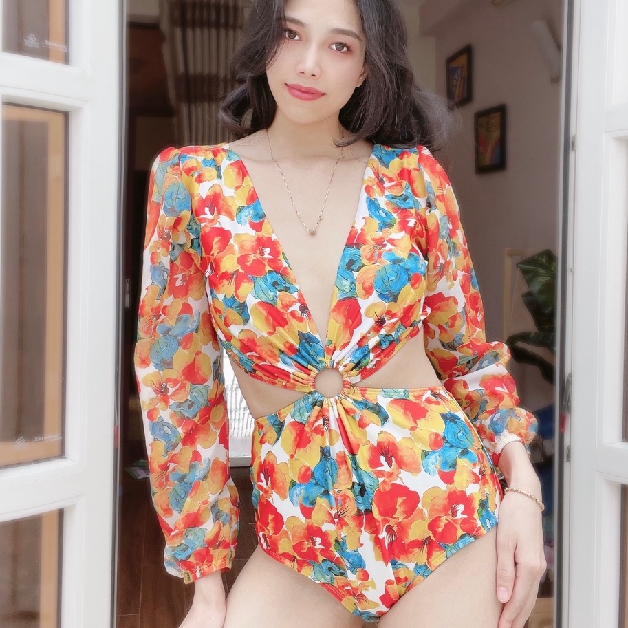 Đồ bơi nữ bikini 1 mảnh nữ liền thân tay dài khoét eo khoen tròn sexy thời trang du lịch cao cấp GALASSIA